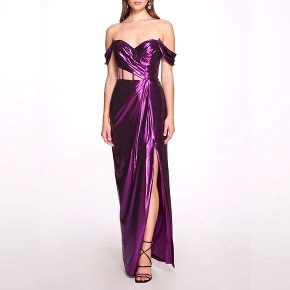 NWT Marchesa Off Shoulder Amethyst Lamé Gown Maxi With Draped Bodice Size 16 NEW - Picture 3 of 16